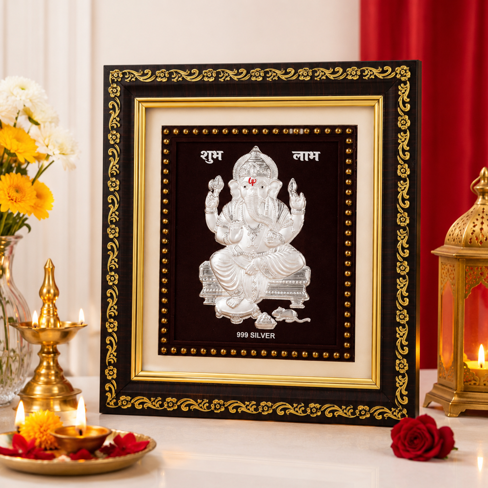 999Pure Silver Ganesh Photo Frame - 28x24 cm, Silver on Black, Handcrafted Embossed Motif with Golden Borders