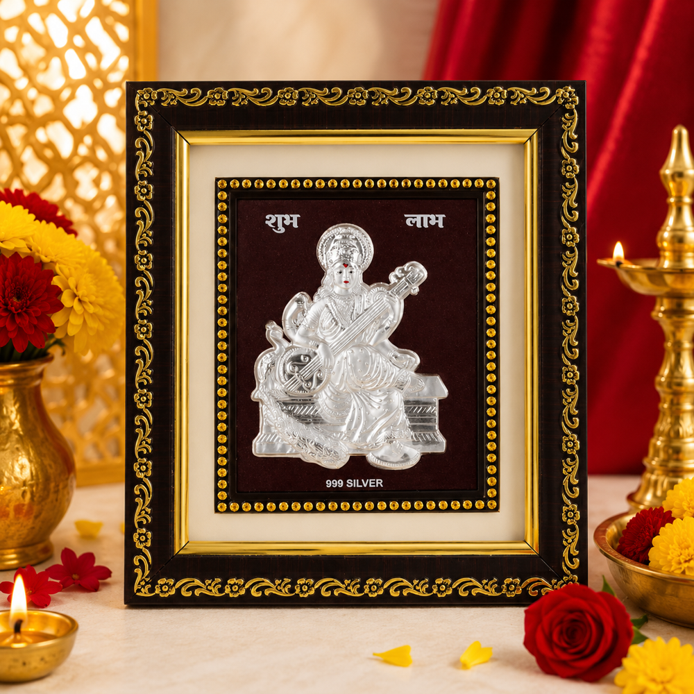 999 Pure Silver Sarswatimaa Frame - 8x6 Inch, Black and Gold Wooden Frame, Embossed 3D Silver Art