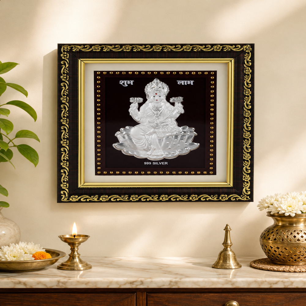 999Pure Silver Laxmi Photo Frame - 25x25 cm, 3D Embossed Silver Idol, Black & Gold Wooden Frame