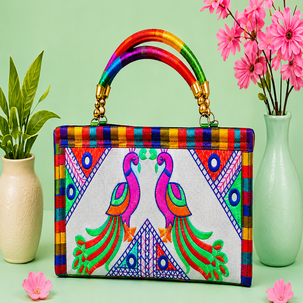 Traditional Indian Peacock Embroidery Handbag 136 - Color: White