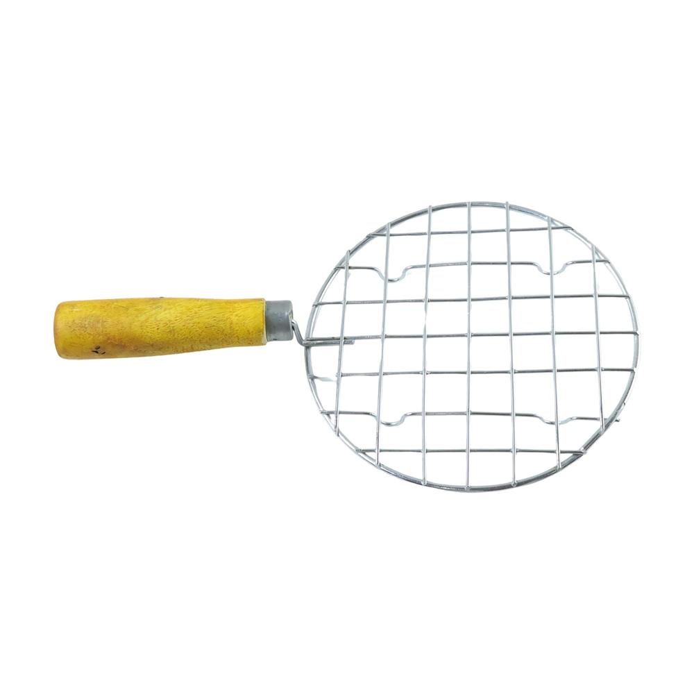 Kitchen Round Stainless Steel Roaster Papad Jali, Barbecue Grill with Wooden Handle