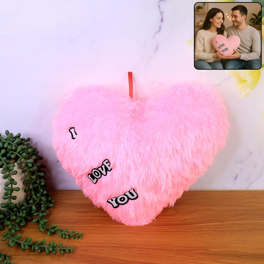 Soft Plush Heart Shape Cushion With "i Love You" Embroidery - Plush Fabric, 30x30 Cm, Pink, Lightweight, Hanging Loop