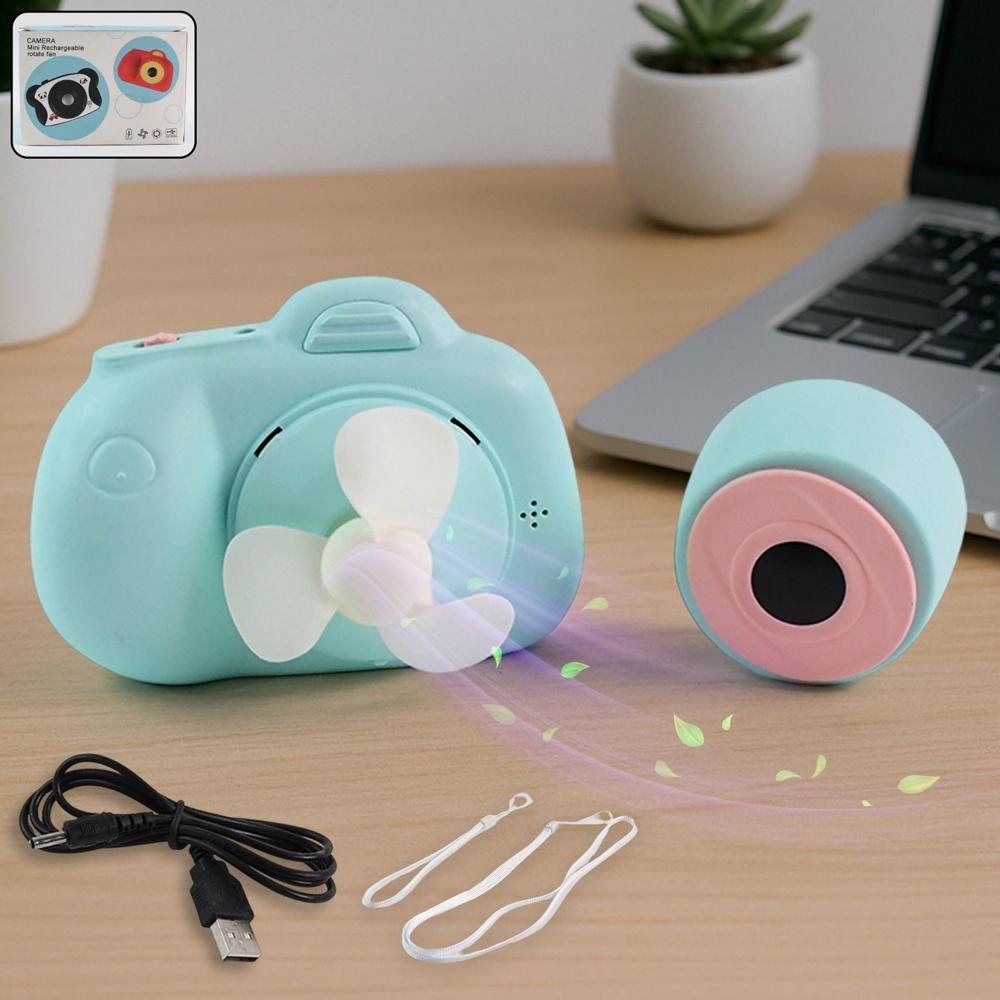 Portable Mini Camera-shaped Handheld Fan - Abs Plastic, 10x7x5.5 Cm, Pastel Blue With Pink Accents, Usb Powered, Soft Silicone Blades, Rechargeable, Lightweight, Removable Fan Head