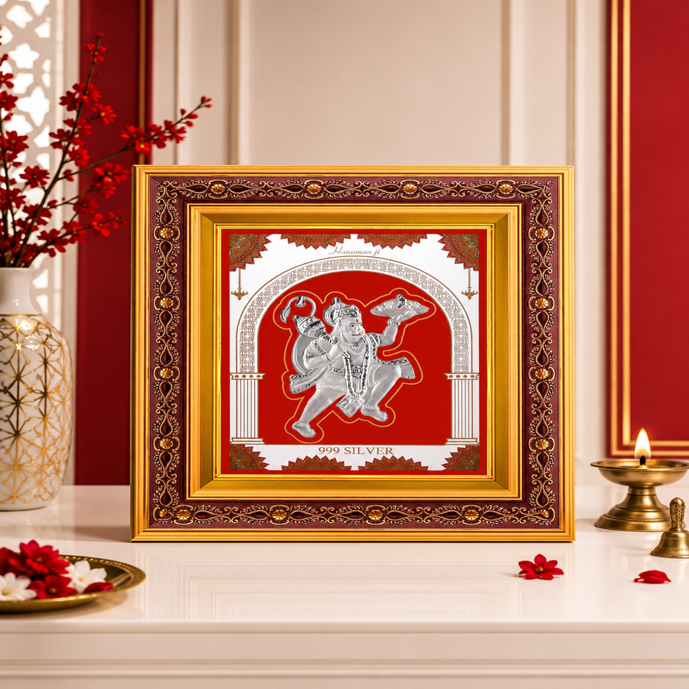 999 Pure Silver Hanumanji Frame - 20x20 cm Wood Frame, Glossy Antique Gold Finish, Custom Engraving