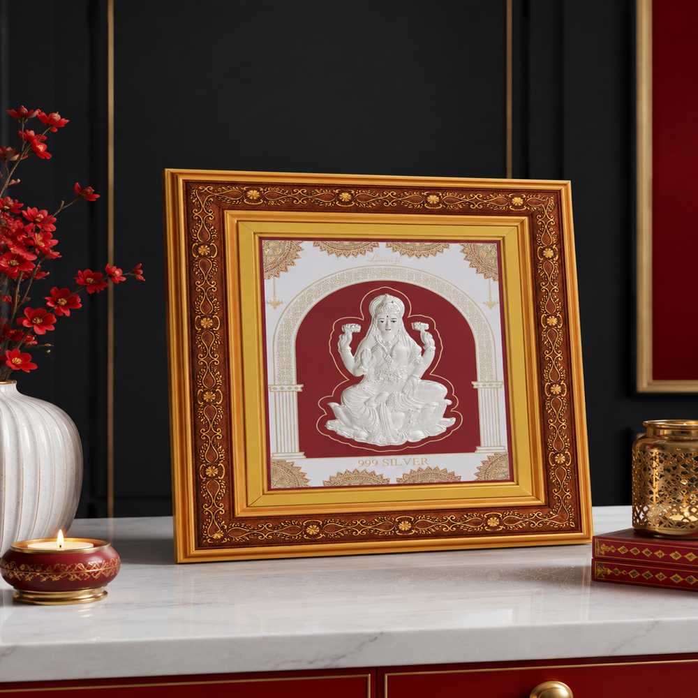 999Pure Silver Laxmiji Frame - 8x8 Inch Silver Plaque with Gold-Finished Wood Frame, Embossed Design