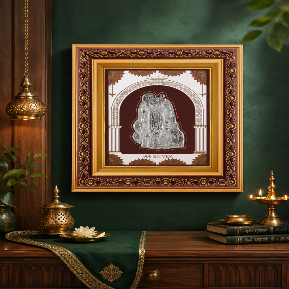 999Pure Silver Dwarkadhish Frame - 999 Pure Silver, 12x10x2 cm, Silver Idol with Golden Ornate Frame | Embossed Detailing, Velvet Backing, Wall and Table Display
