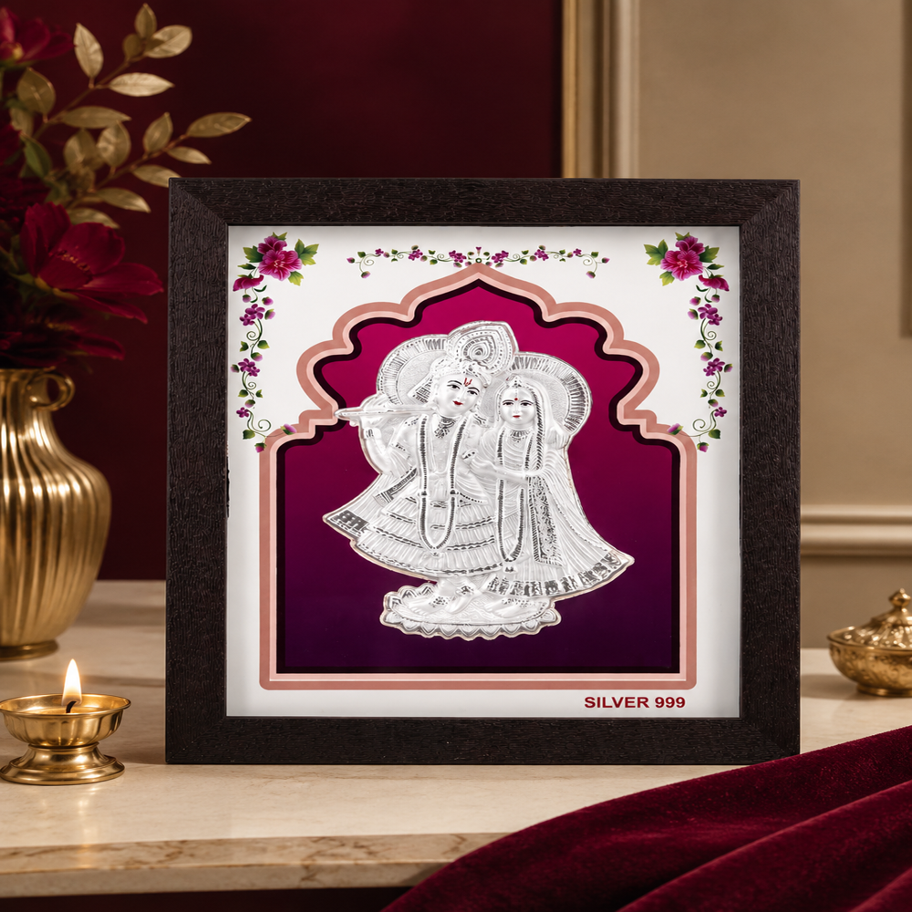999Pure Silver Radhakrishna PhotoFrame - 999 Silver With 20x15cm Wooden Frame, Glass Cover | Die-Cast Hand-Finished Motif, Tarnish-Resistant, Customizable