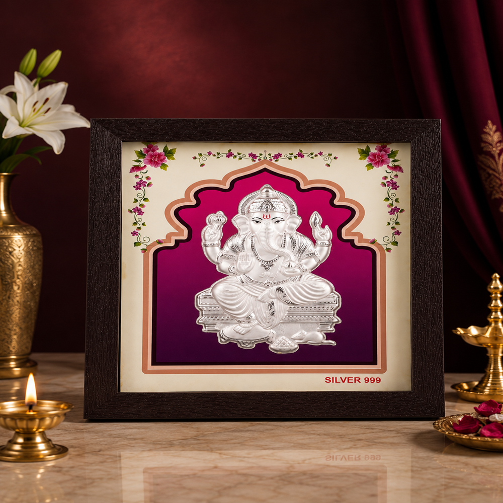 999 Pure Silver Ganeshji Photo Frame - 17x17 cm Brown Wood, Glossy Silver Idol with Embossed Floral Arch