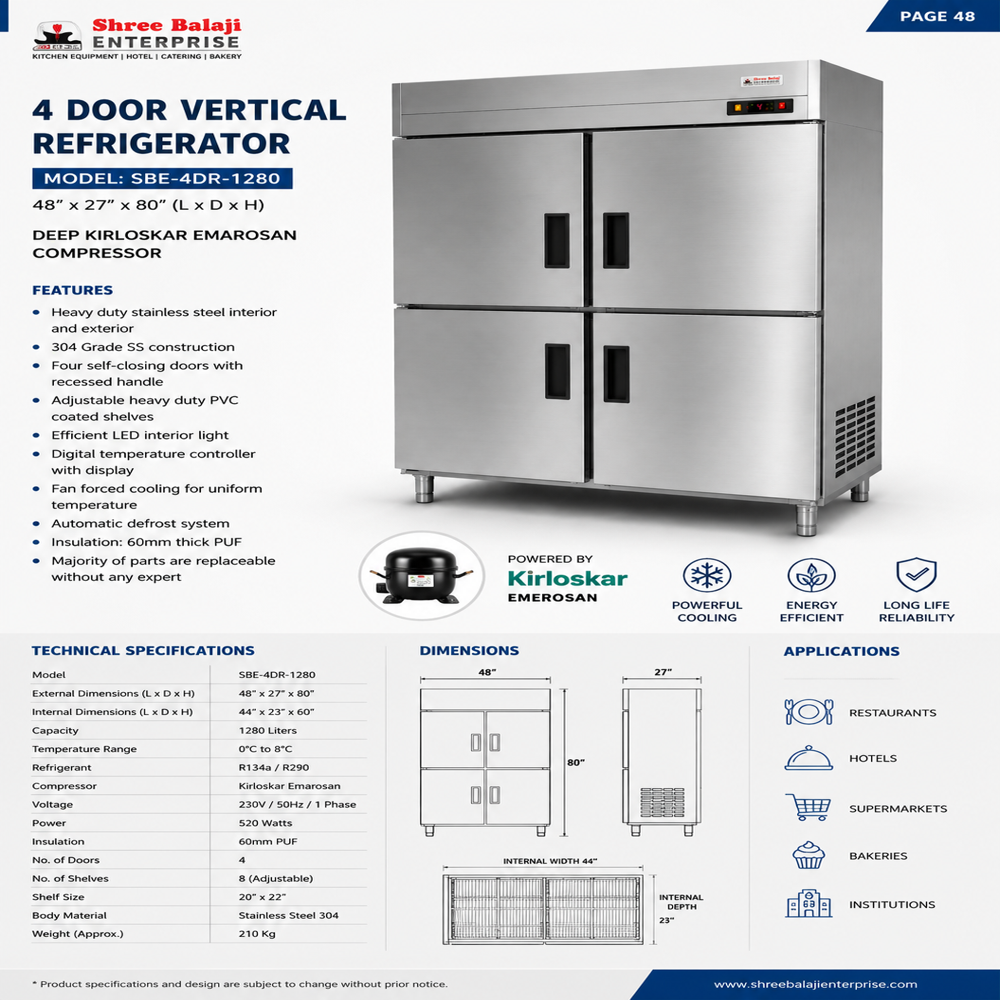 Four Door Vertical Fridge - Stainless Steel, 950 L Capacity | Low Power Consumption, High Performance