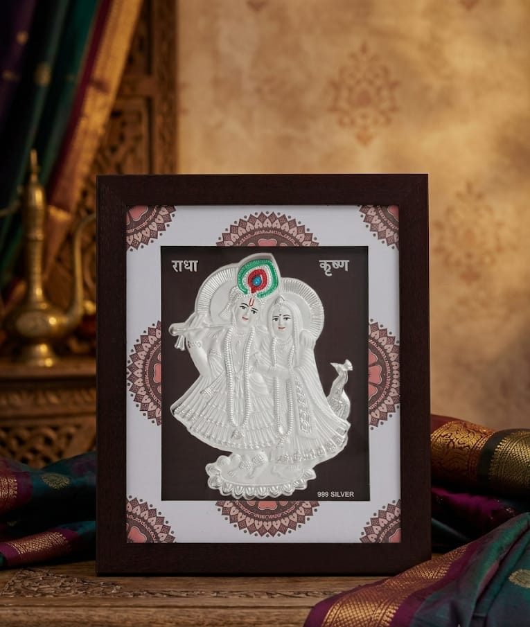 Auspicious Radhakrishna Frame - 999 Silver & Wood, 22x18x2 cm, Glossy Silver Finish, Handcrafted Embossing