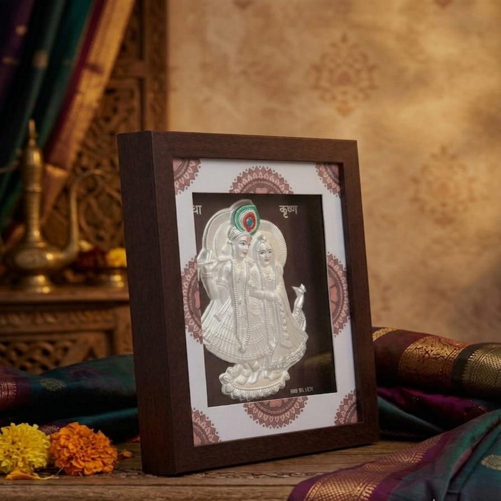 Auspicious Radhakrishna Frame - 999 Silver & Wood, 22x18x2 Cm, Glossy Silver Finish, Handcrafted Embossing
