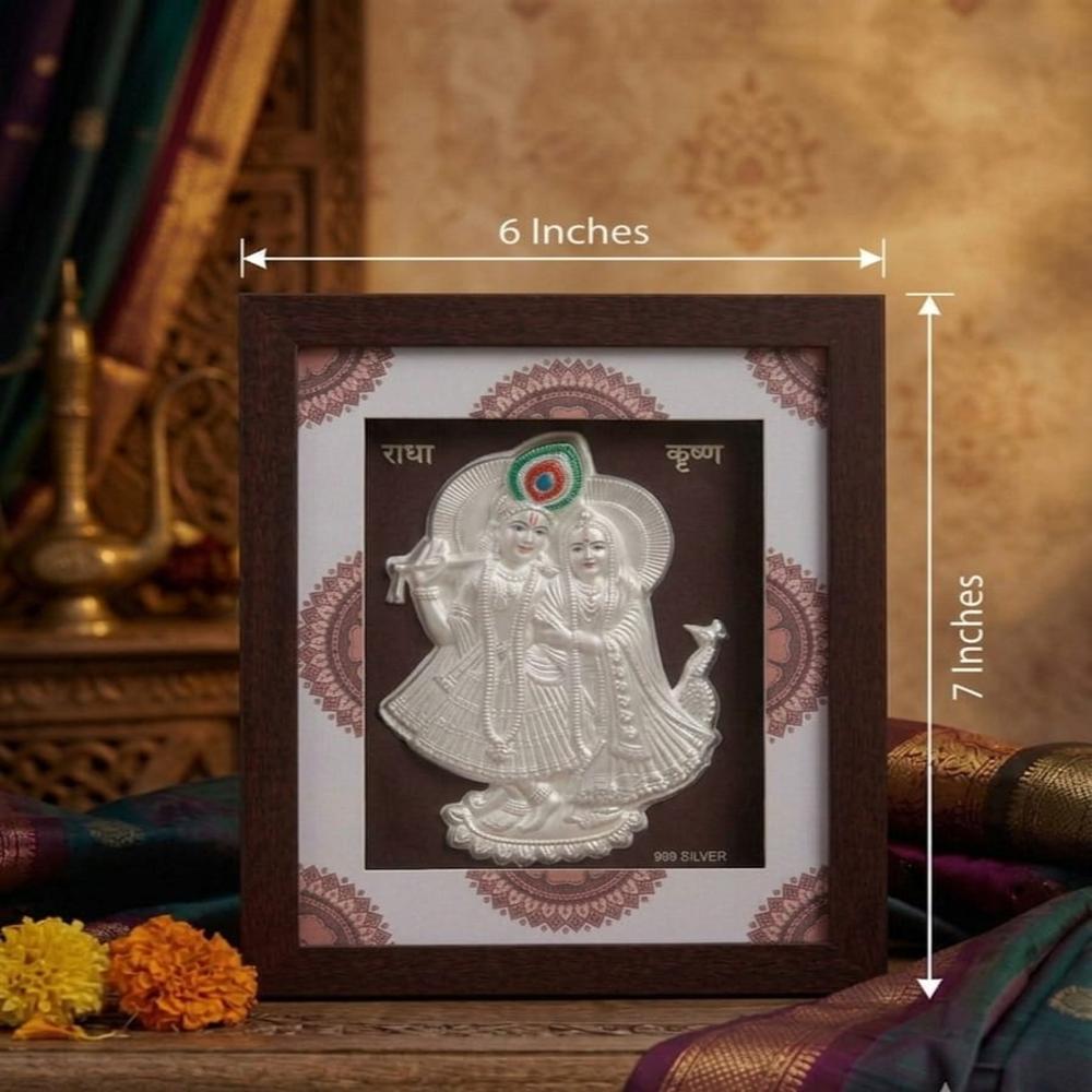 Auspicious Radhakrishna Frame - 999 Silver & Wood, 22x18x2 Cm, Glossy Silver Finish, Handcrafted Embossing