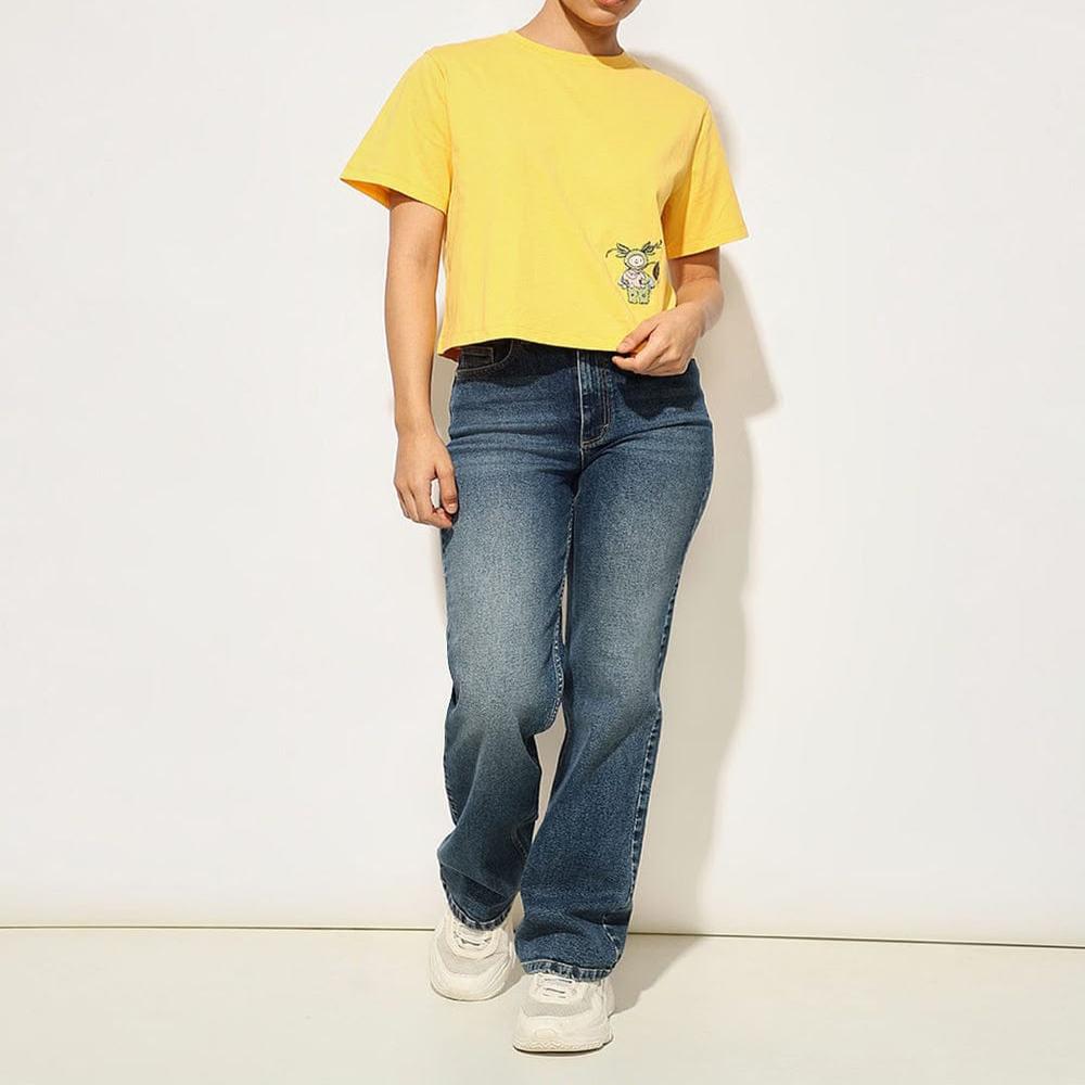 Export surplus Yellow Cotton Graphic Print Crop T-shirt