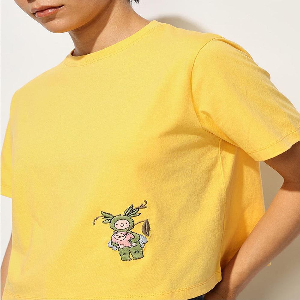 Export surplus Yellow Cotton Graphic Print Crop T-shirt