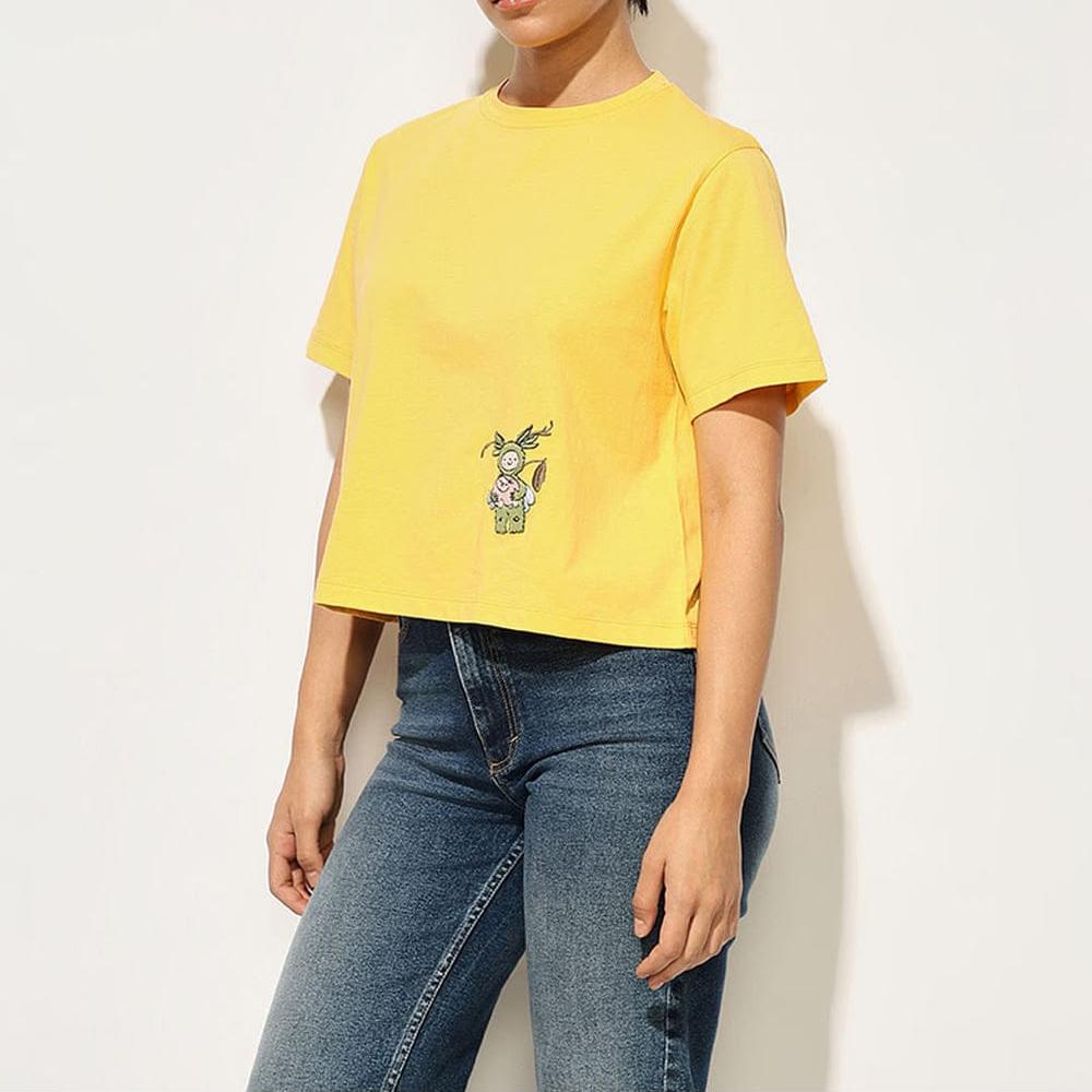 Export surplus Yellow Cotton Graphic Print Crop T-shirt