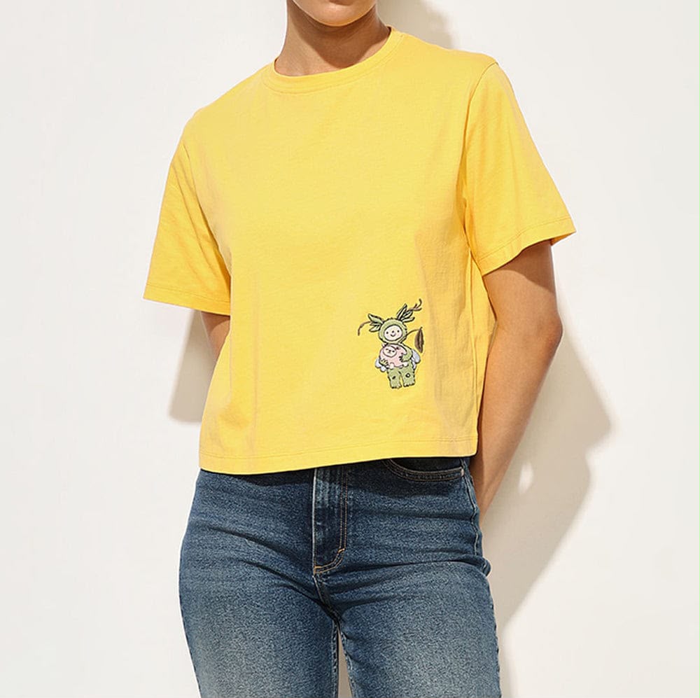 Export surplus Yellow Cotton Graphic Print Crop T-shirt