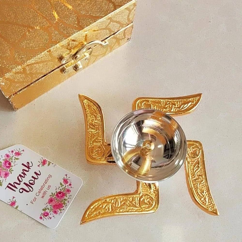 Brass Swastik Diya Gift Set - Color: Gold (Brass) With Silver Polish