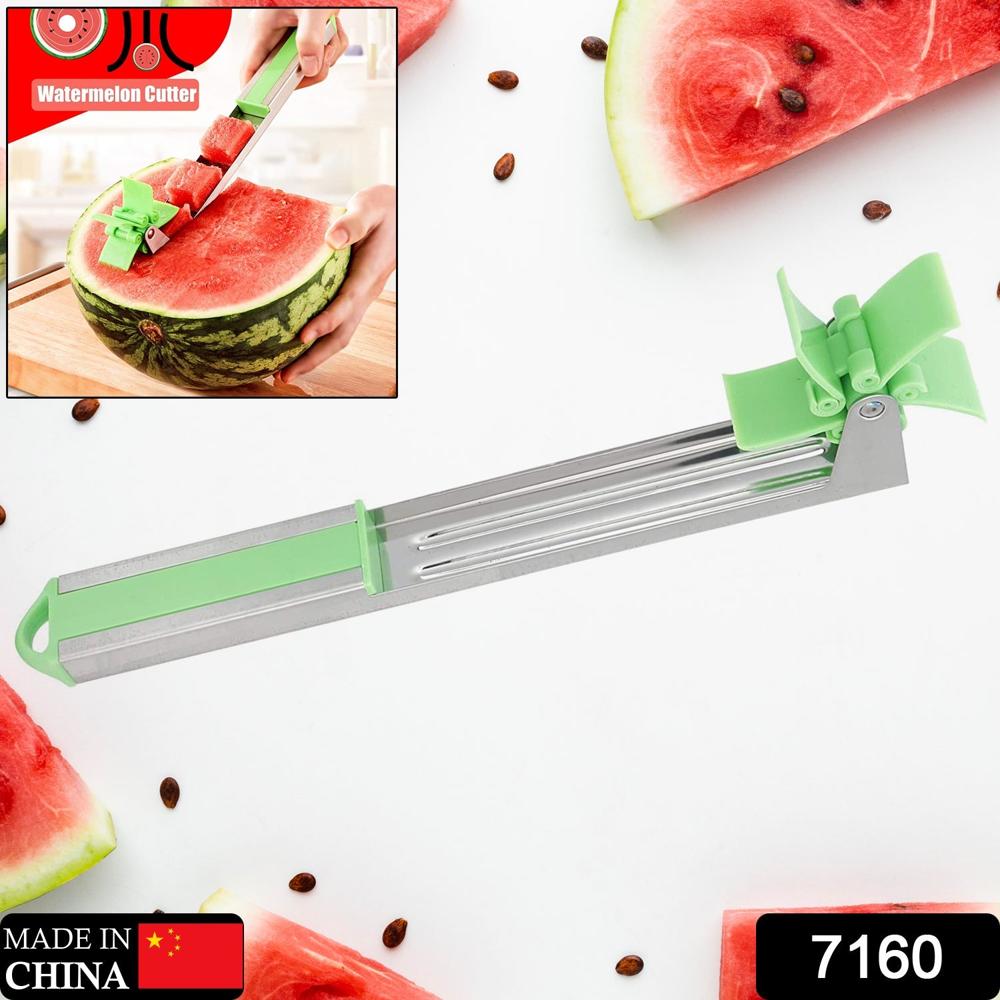 Stainless Steel Washable Watermelon Cutter Windmill Slicer & Peeler - Stainless Steel, 10 Inches, Green & Silver | Rotating Windmill Blade, Ergonomic Non-slip Handle, Dishwasher Safe