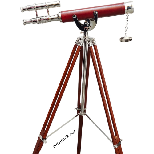 Vintage Brass Double Barrel Nautical Telescope With Wooden Stand
