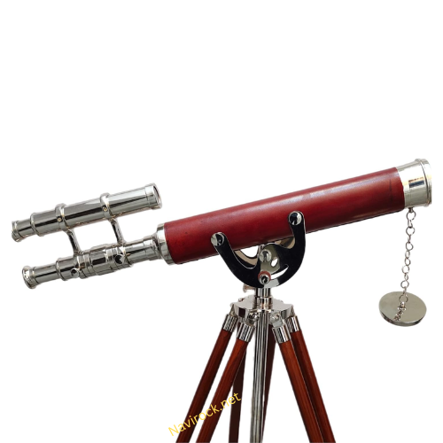 Vintage Brass Double Barrel Nautical Telescope With Wooden Stand