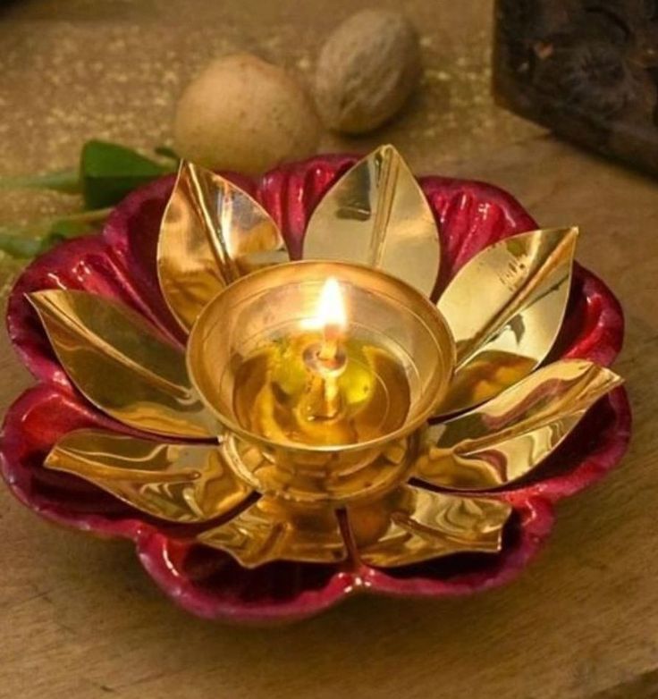 Brass Colored Diyas - Shape: Lotus Flower