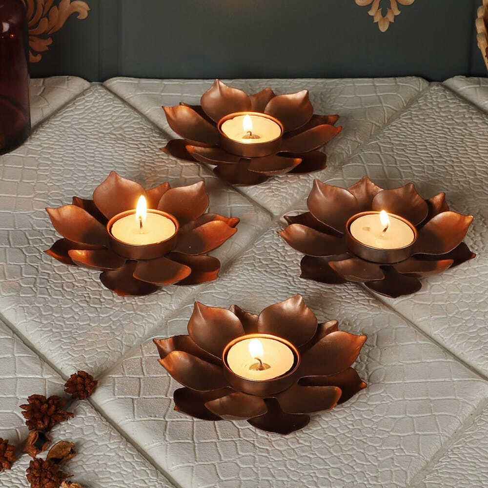 Brass Colored Diyas - Shape: Lotus Flower
