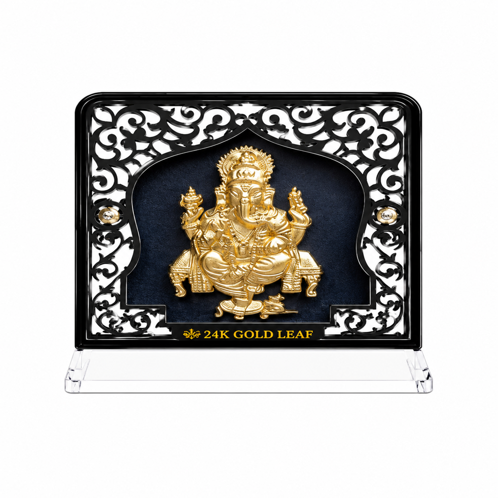 Ganeshi Ji Goldplated Stand - Gold-plated Metal On Composite Base, 10x10x2 Cm, Glossy Gold & Silver Finish | 24k Gold Leaf, Anti-tarnish, Custom Engraving, Designer Gift Box