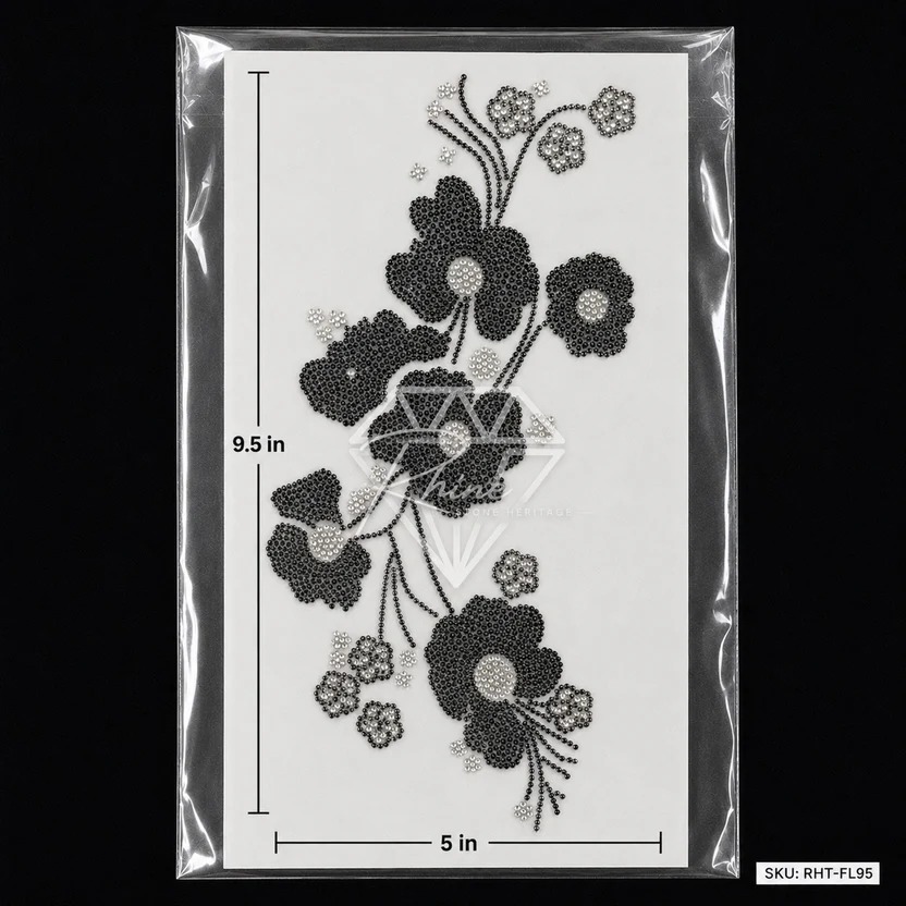Designer Black Floral Rhinestone Heat Transfer Sticker | Crystal Hotfix Flower Motif for T-Shirts, Abayas, Dresses & Fashion Garments