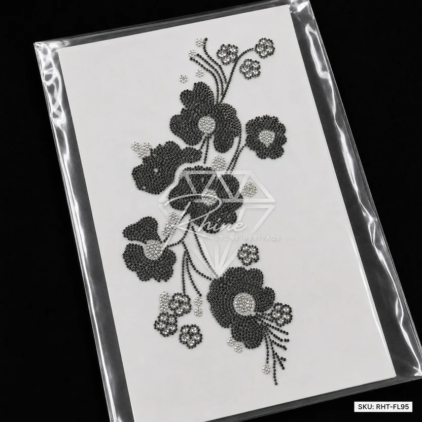 Designer Black Floral Rhinestone Heat Transfer Sticker | Crystal Hotfix Flower Motif for T-Shirts, Abayas, Dresses & Fashion Garments