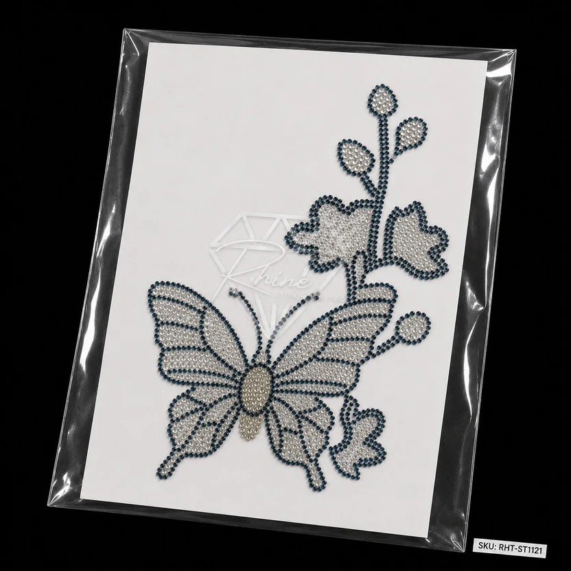 Butterfly Floral Rhinestone Heat Transfer Sticker | Crystal Hotfix Butterfly Design for T-Shirts, Kurtis, Abayas & Fashion Garments