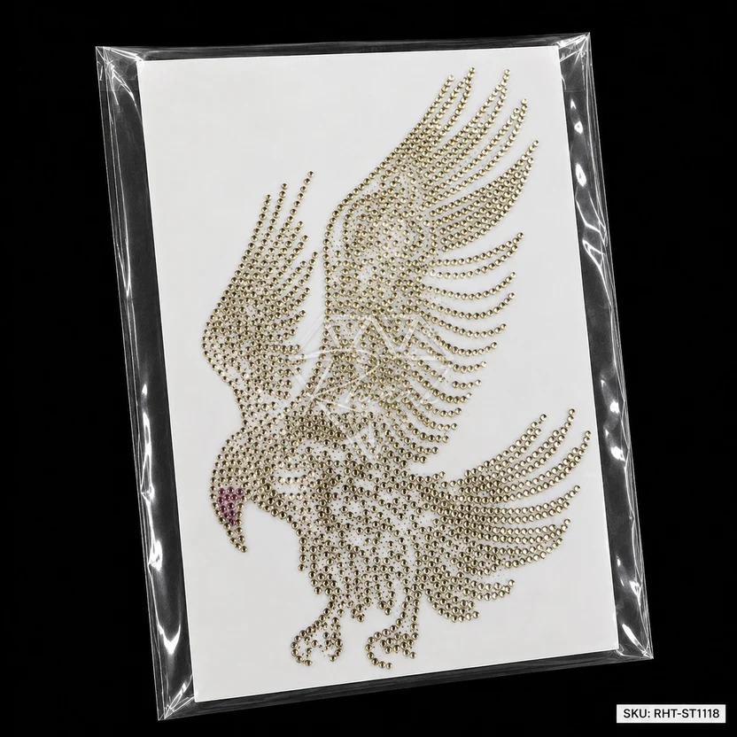 Flying Eagle Rhinestone Heat Transfer Sticker | Crystal Eagle Hotfix Design for T-Shirts, Jackets & Fashion Garments
