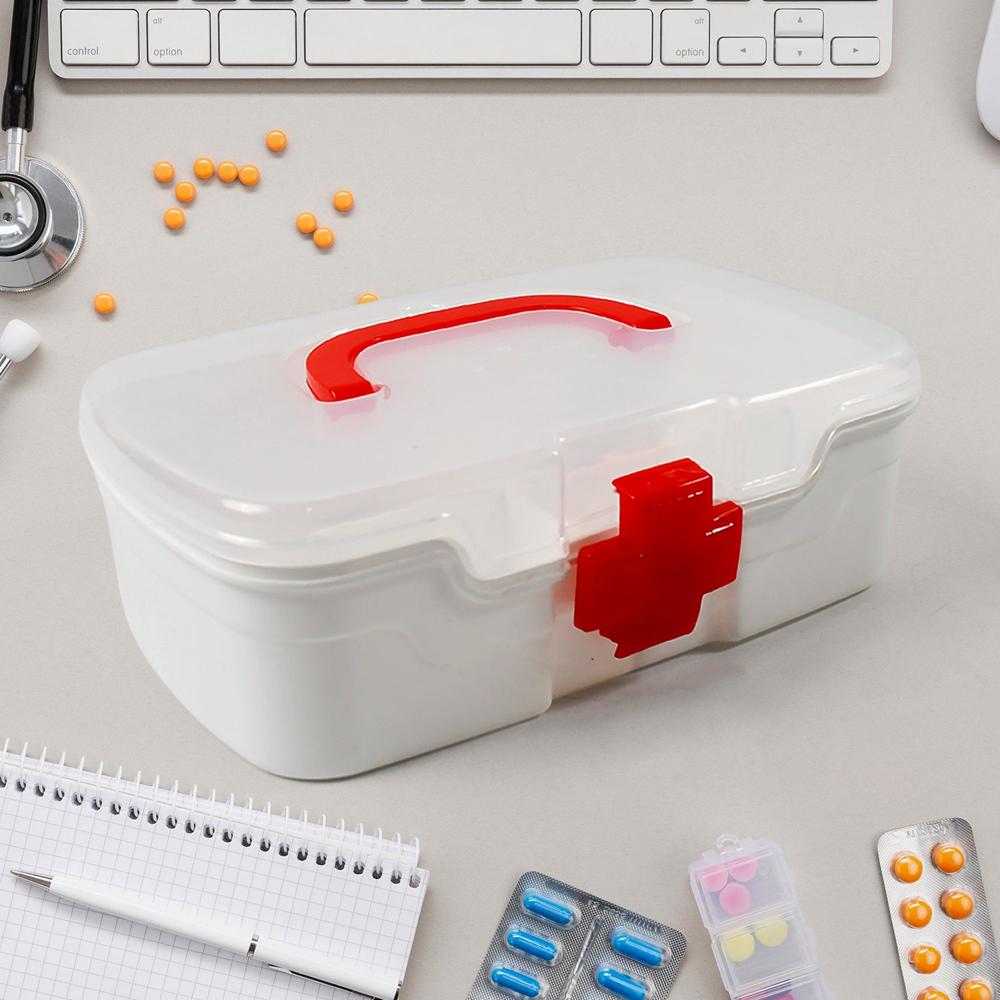 3-Compartment First Aid Box Portable Medicine Storage with Tray & Clear Lid