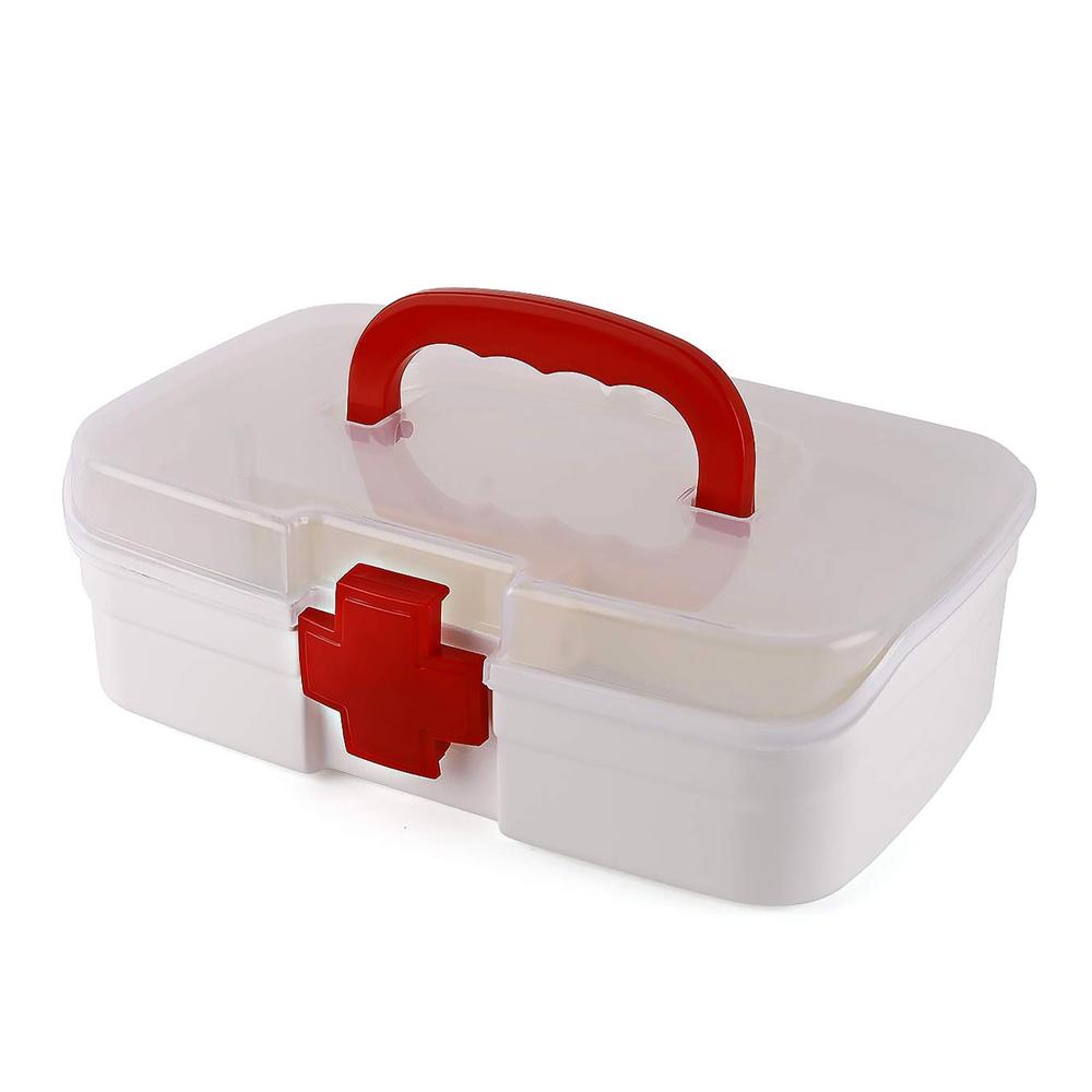 3-Compartment First Aid Box Portable Medicine Storage with Tray & Clear Lid