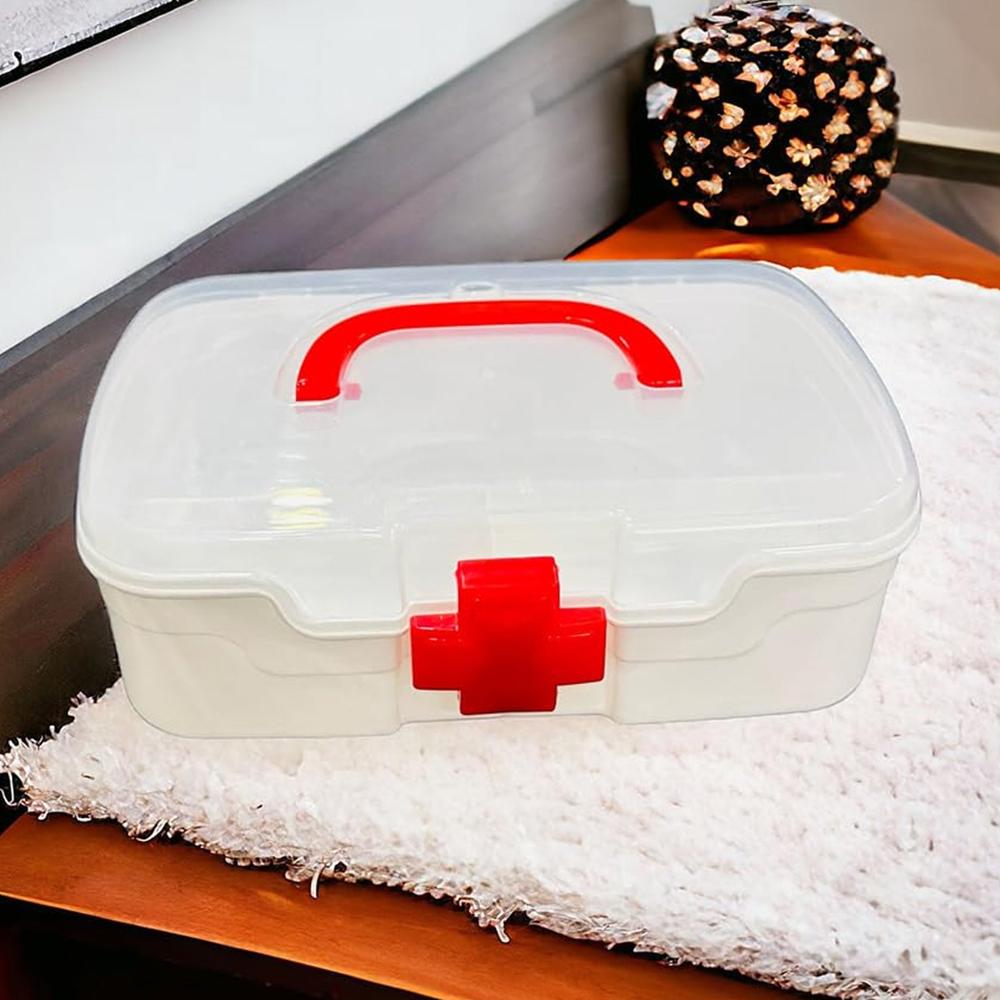 3-Compartment First Aid Box Portable Medicine Storage with Tray & Clear Lid