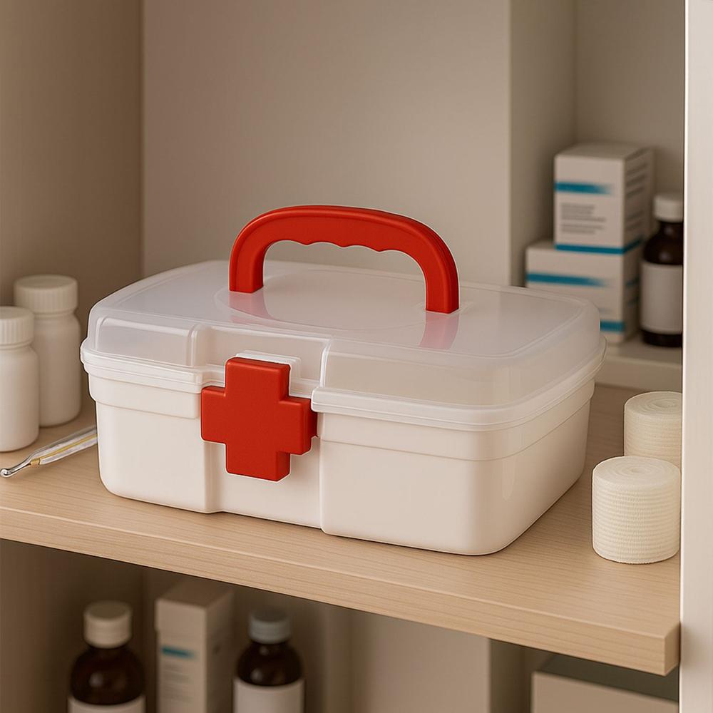 3-Compartment First Aid Box Portable Medicine Storage with Tray & Clear Lid