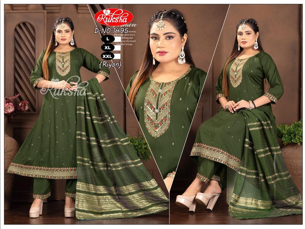 D.No-1495 Ladies Kurta Set With Dupatta - Cotton Blend, Medium-Large, Olive Green | Zari & Resham Embroidery, Round Neck, Straight Pants