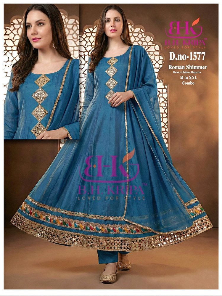 D.No-1577 Blue Color Ladies Kurta Set With Dupatta - Cotton Blend, S to XXL | Embroidered Ethnic Motifs, Designer Border, Ankle-Length Pants