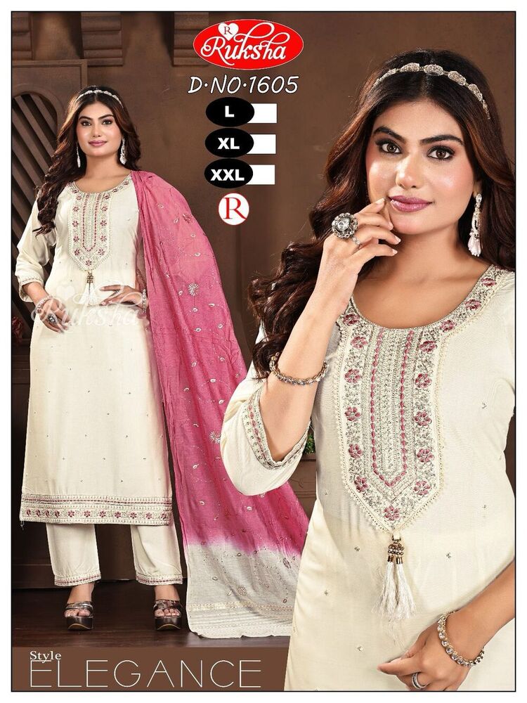 D.No-1605 Ladies Kurta Set With Dupatta - Cotton Blend, L-XXL, Off-White & Pink, Embroidered Mirror Work