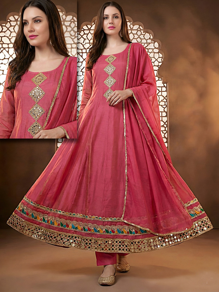Ladies Kurta Set With Dupatta - Cotton Blend, Pink, S-XXL | Embroidered Anarkali, Flared Hemline, Lacework