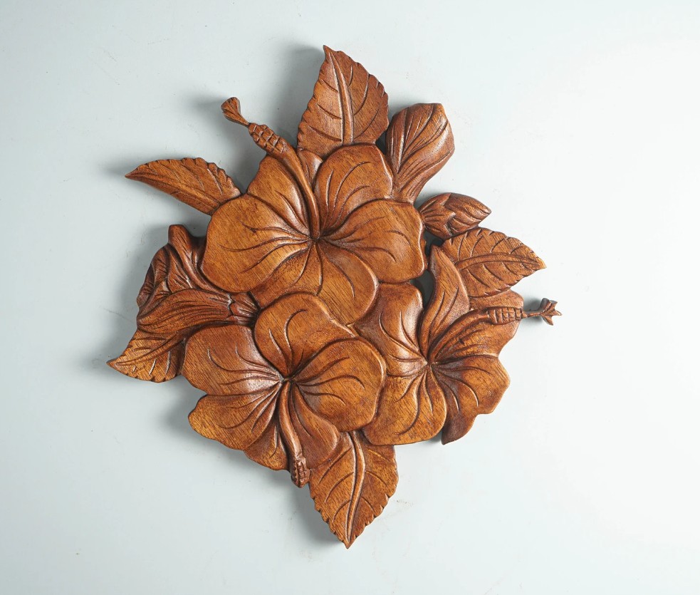 Hand Carved Wooden Hibiscus Flower Wall Art - Color: Natural Wood