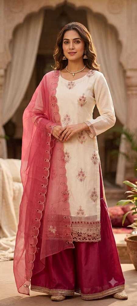 White And Peach Color Women Sharara Set