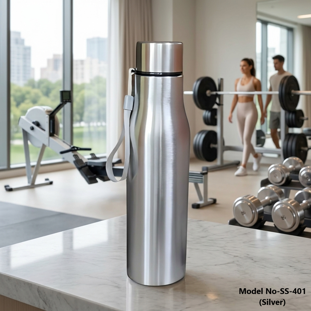 Premium Silver Stainless Steel Double Wall Vacuum Flask Sports Water Bottle With Strap (ss-401) - Capacity: 1000 Milliliter (ml)