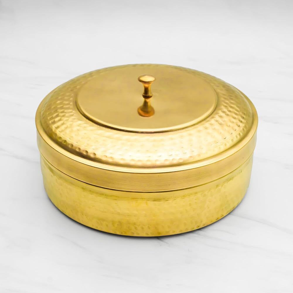 Brass Dabba Set - Handcrafted Medium Round Brass, Golden Yellow, Hammered Polished Finish, Fitted Lid, Stackable