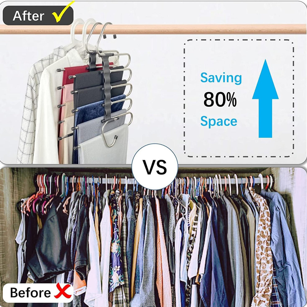 Adjustable Trouser Pants Hanger Organizer - Stainless Steel & Plastic, 5-layer, Silver/black, Space Saving | Foldable, Anti-slip, Dual Hooks, Rust-resistant