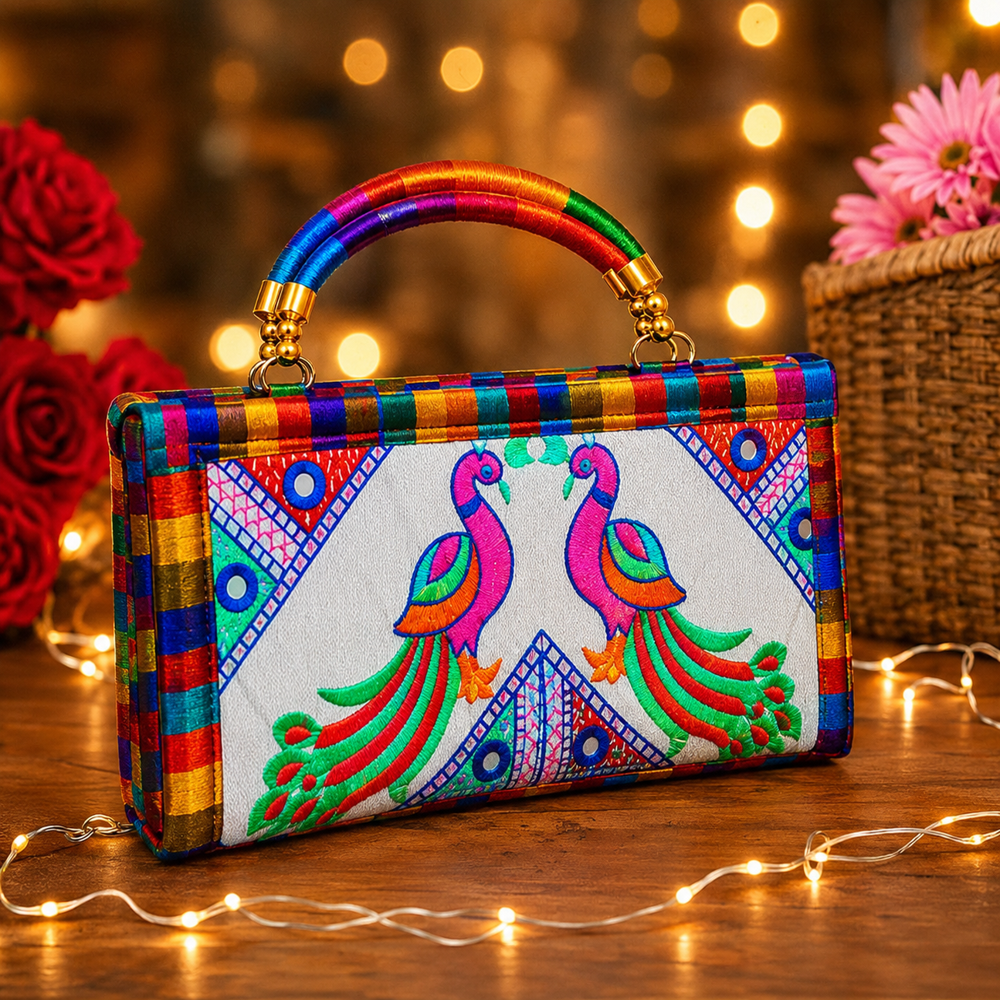 Designer Fabric Wallet with Embroidered Peacock
