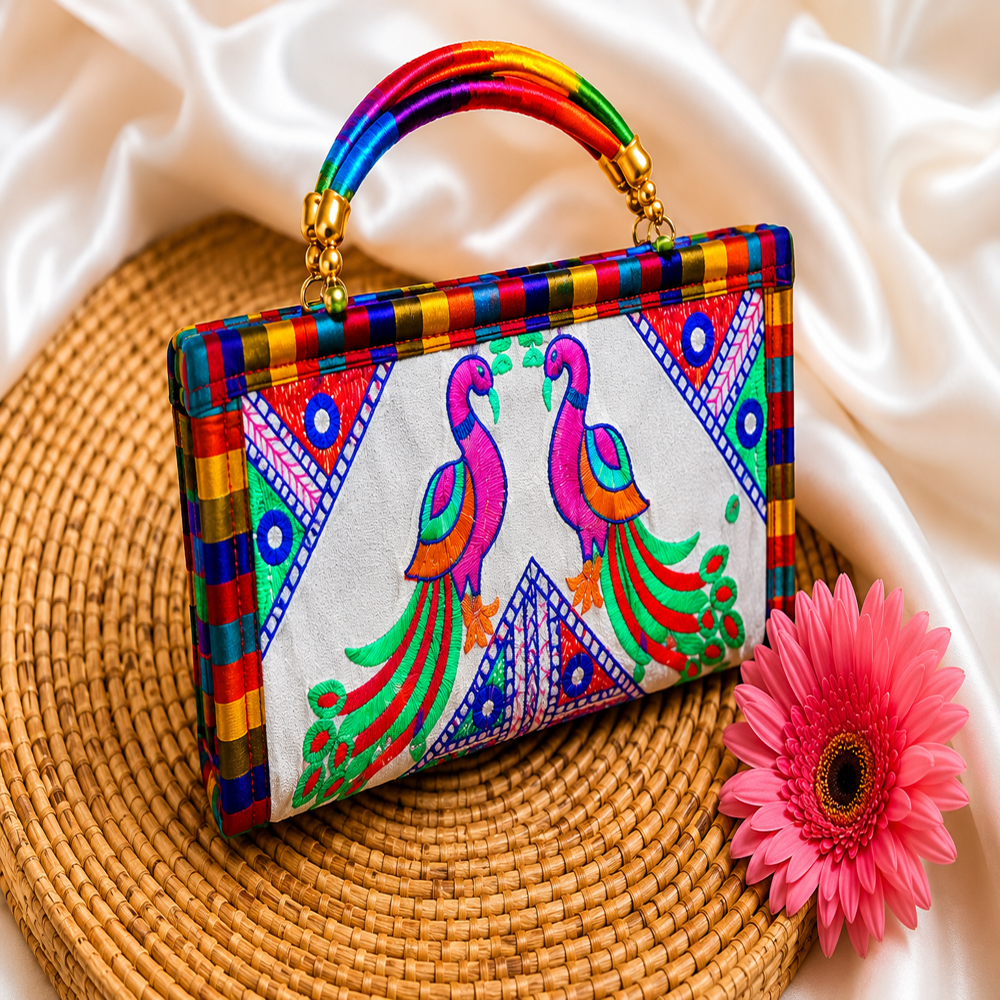 Handmade Multicolor Ethnic Clutch Bag - Color: White