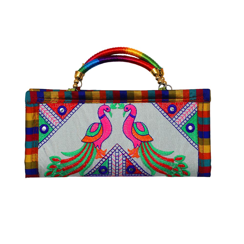 Premium Embroidered Hand Purse For Festival Use - Color: White