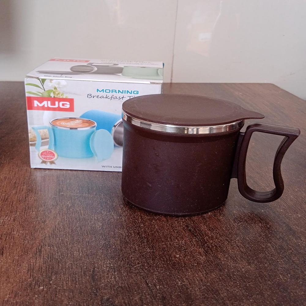 Coffee Mug with Lid & Handle Plastic Covered Stainless Steel Mug (200 ML, Random Color)