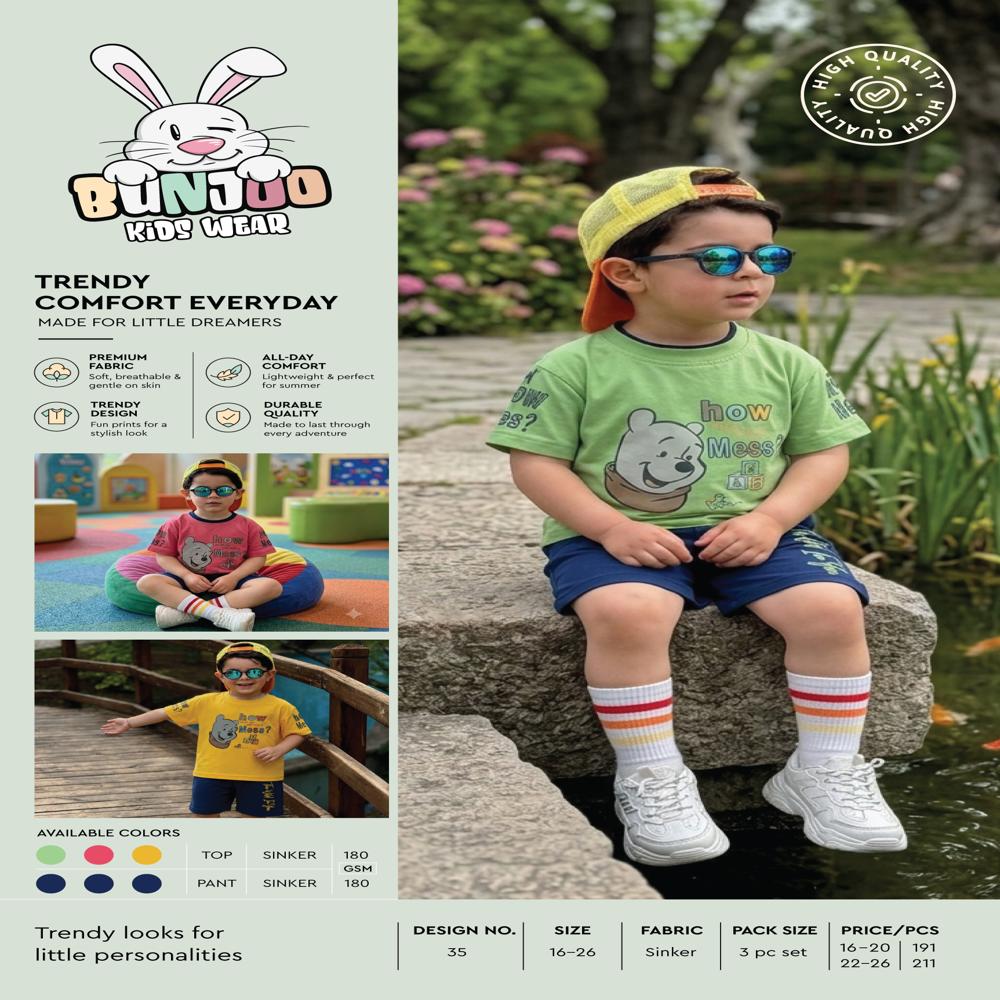 Nikkar T Shirt 3pcs Set - Cotton Sinker Fabric, Kids Sizes, Pink Green Yellow | Breathable, Quick-Dry, Cartoon Bunny Print