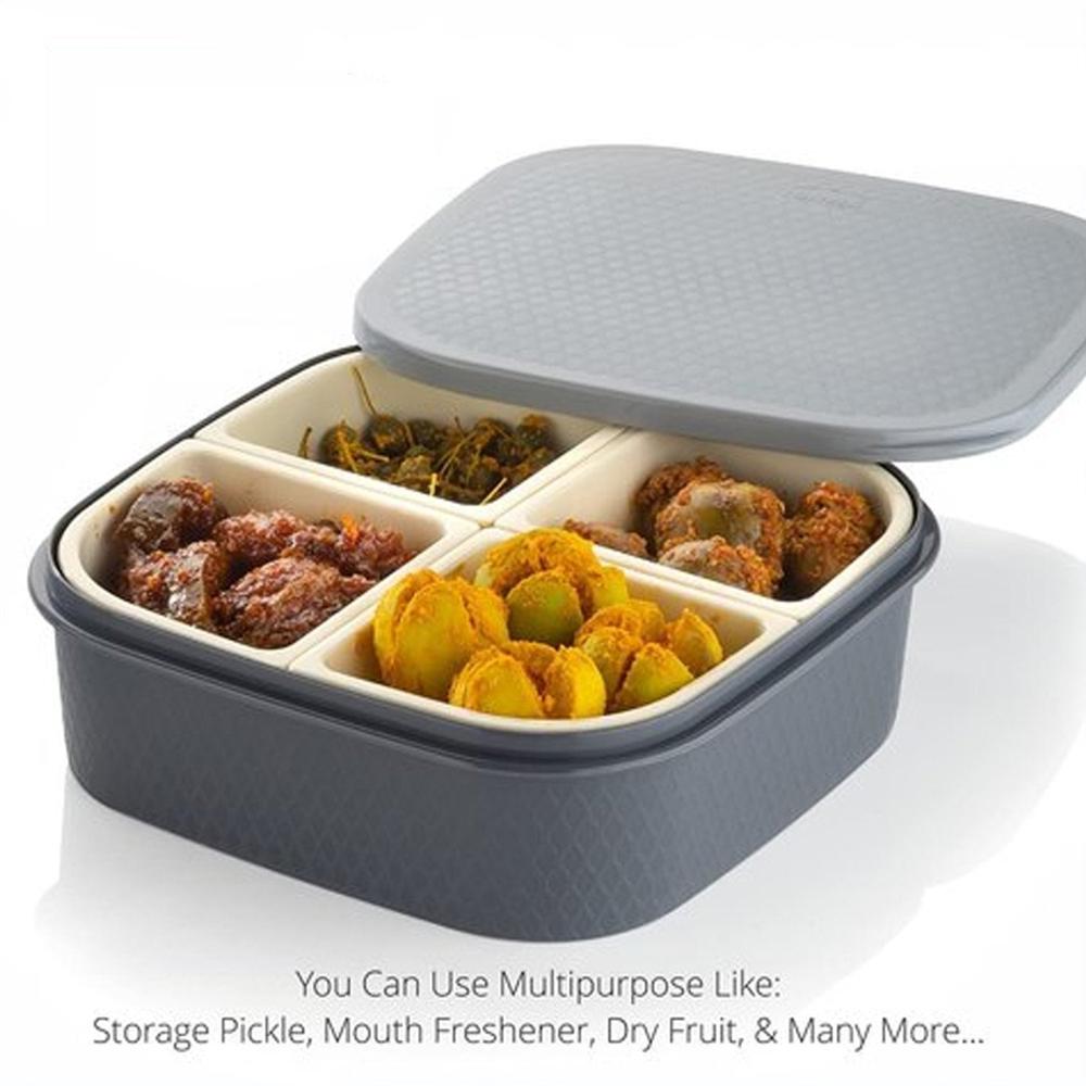 Dry Fruit Chocolates Sweet Box - Food Grade Plastic, Medium 8x8x3 Inches, Grey Beige, Dishwasher Safe, 4 Compartments